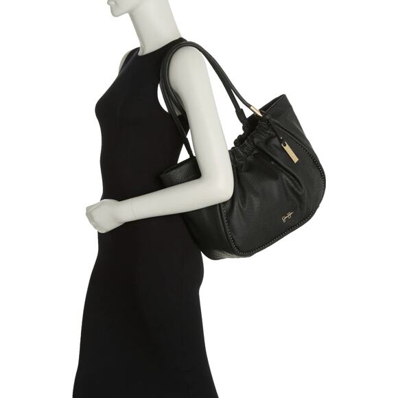 Jessica Simpson Rosanna Black Leather Tote Double Handles Shoulder Bag 14x11x5 - Picture 3 of 16